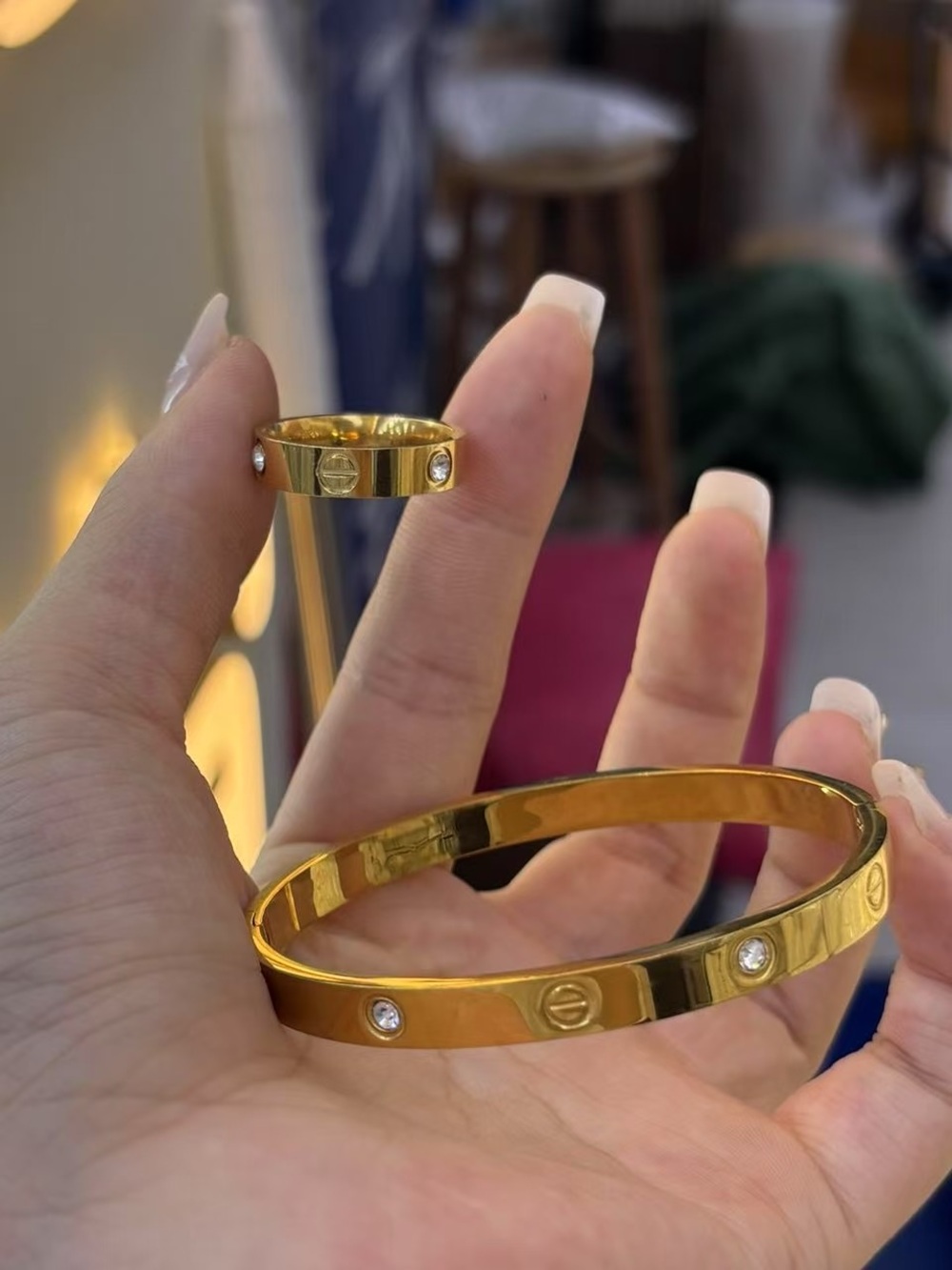 Gold Tone Crystal Accent Bangle and Ring Set